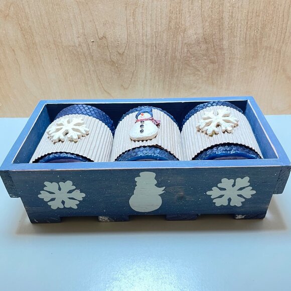 Decorative Wooden Blue Snowman & Snowflake Candle Holder Set With 3 Textured Blu - Picture 3 of 12